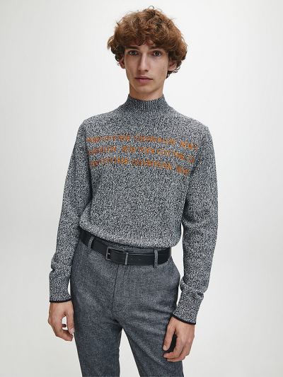 Calvin Klein Ruhák HU946324 | Calvin Klein Heathered Wool Cotton Logo Férfi Pulóver Fekete